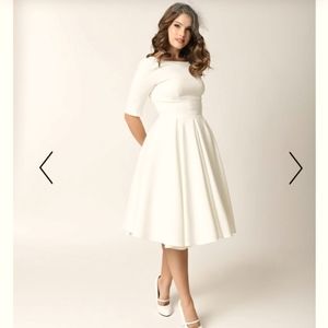 Unique Vintage Ivory Crepe Sleeved Hepburn Swing Dress